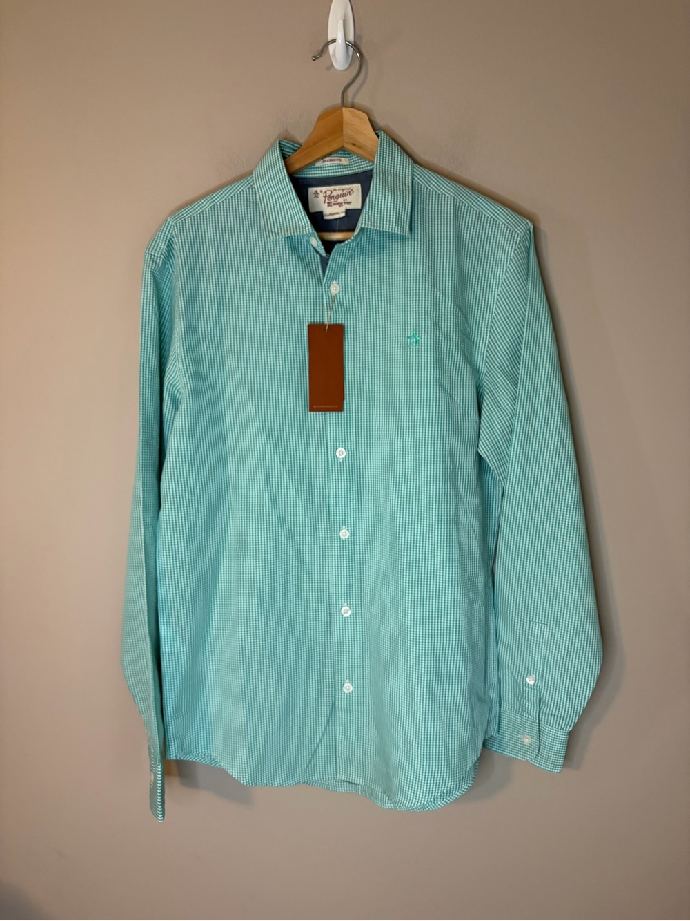 Penguin Men's aqua Green Checked button down shirt size small NWT
